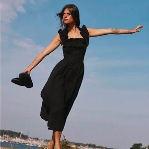 Free People Black Ruffle Tie Back Midi Dress NWT Size L Boho